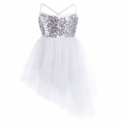 YiZYiF Girl's Ballerina Camisole Sequined Dancing Lyrical Dress Asymmetric Skirt Dancewear (10-12, White)