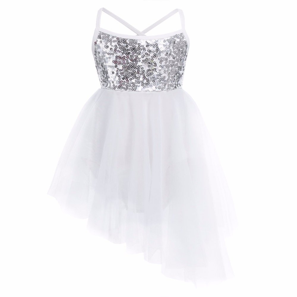 YiZYiF Girl's Ballerina Camisole Sequined Dancing Lyrical Dress Asymmetric Skirt Dancewear (10-12, White)