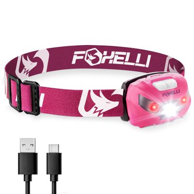 Foxelli USB-C Rechargeable LED Headlamp  Super Bright, Lightweight Head Lamp for Running, Camping, Hiking & Work  Comfortable Fit for Adults & Kids