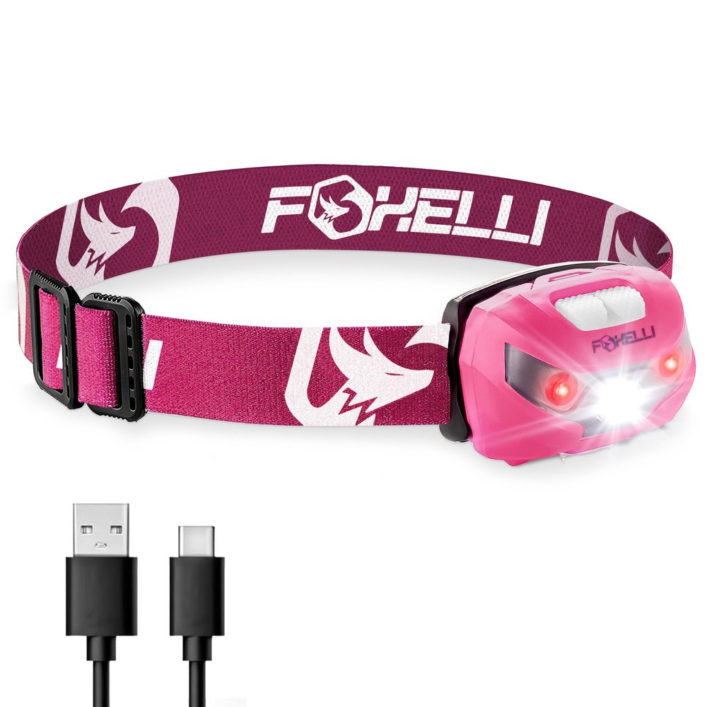Foxelli USB-C Rechargeable LED Headlamp Super Bright, Lightweight Head Lamp for Running, Camping, Hiking & Work Comfortable Fit for Adults & Kids