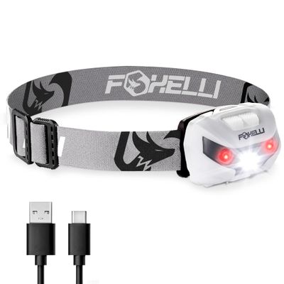 Foxelli USB-C Rechargeable LED Headlamp  Super Bright, Lightweight Head Lamp for Running, Camping, Hiking & Work  Comfortable Fit for Adults & Kids