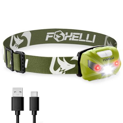 Foxelli USB-C Rechargeable LED Headlamp  Super Bright, Lightweight Head Lamp for Running, Camping, Hiking & Work  Comfortable Fit for Adults & Kids