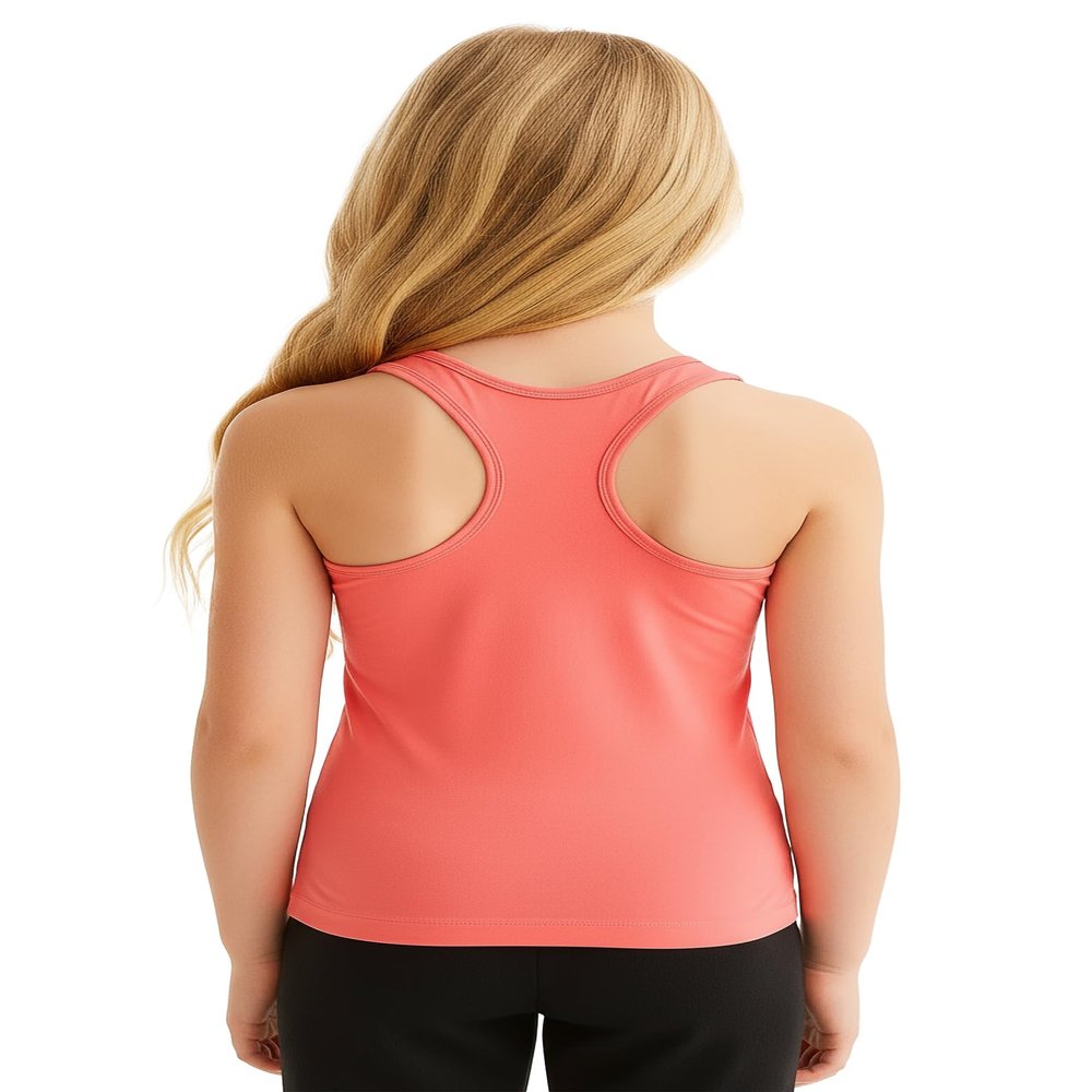 Kurve Premium Girls Seamless Supersoft Wide Strap Comfortable Racerback Tank Top for Kids, Dance Class, Yoga Class, Gymnastic Class, (Made with Love in The USA), Neon Coral, Age 4-7