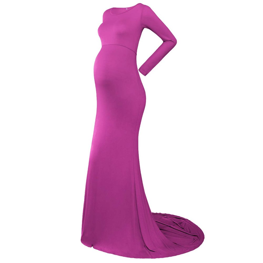Maternity Elegant Fitted Photography Gown Long Sleeve Slim Fit Maxi Photography Floor Baby Shower Grace Dress Photo Shoot Violet Purple M