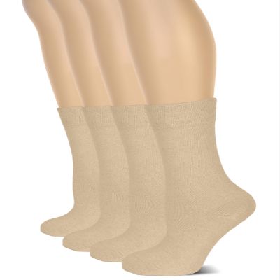 Hugh Ugoli Women's Cotton Crew Socks | Plain Color, Regular Fit, Soft Casual Socks for Trouser, 4 Pairs, Light Beige, Shoe Size: 9-12