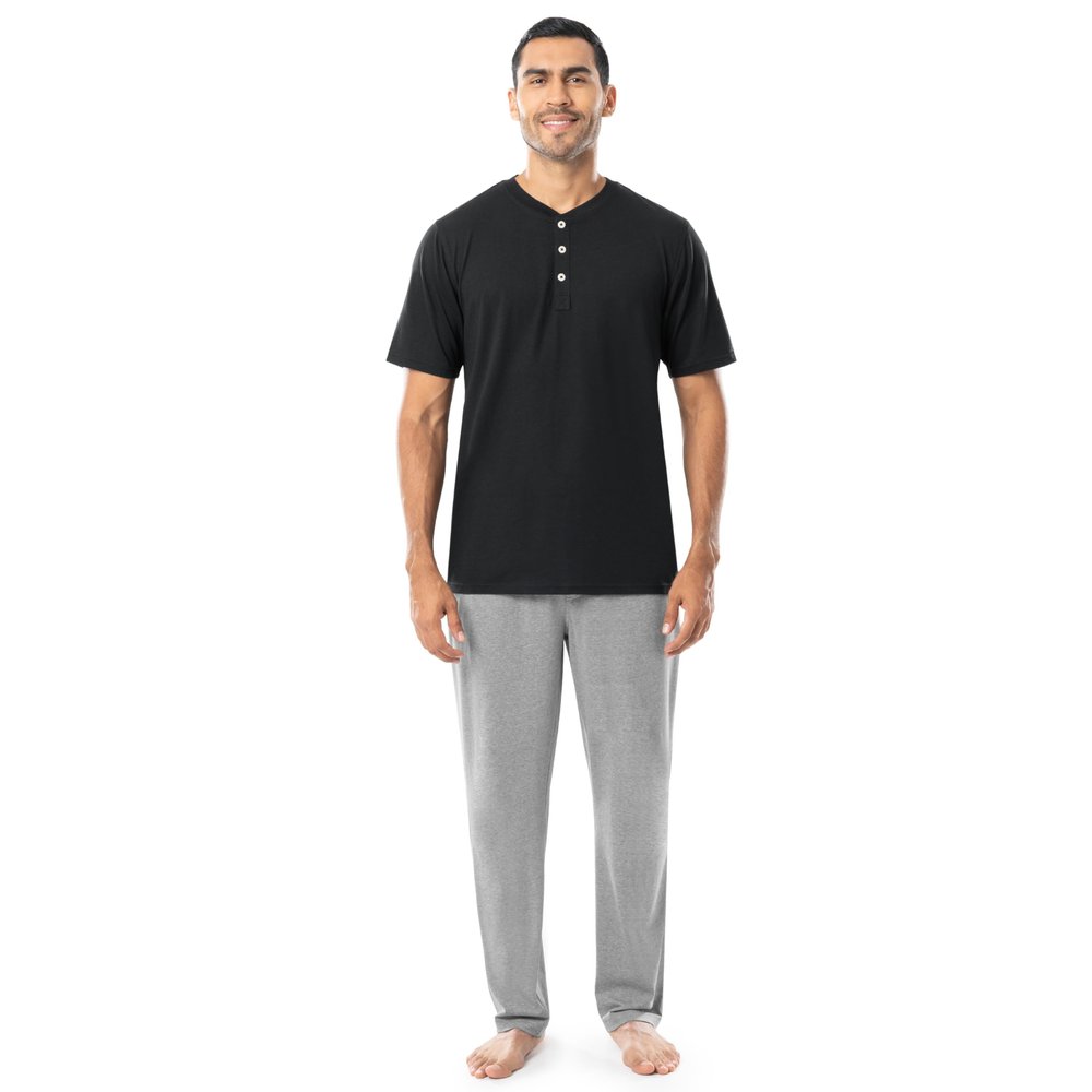 Fruit of the Loom Men's 2-Piece Jersey Knit Pajama Set, Black/Grey Heather, 4X