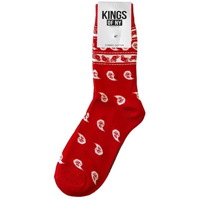 Kings Of NY Red Bandana Pattern Paisley Print Cotton Men's Crew Socks RED