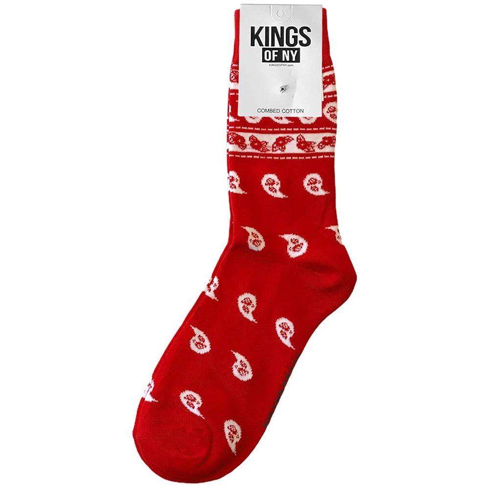 Kings Of NY Red Bandana Pattern Paisley Print Cotton Men's Crew Socks RED