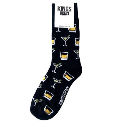 Kings Of NY Martini and Whiskey Drinks Pattern Casual Cotton Socks Black