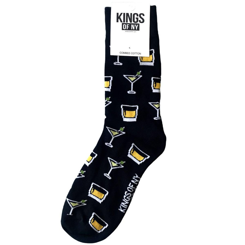 Kings Of NY Martini and Whiskey Drinks Pattern Casual Cotton Socks Black