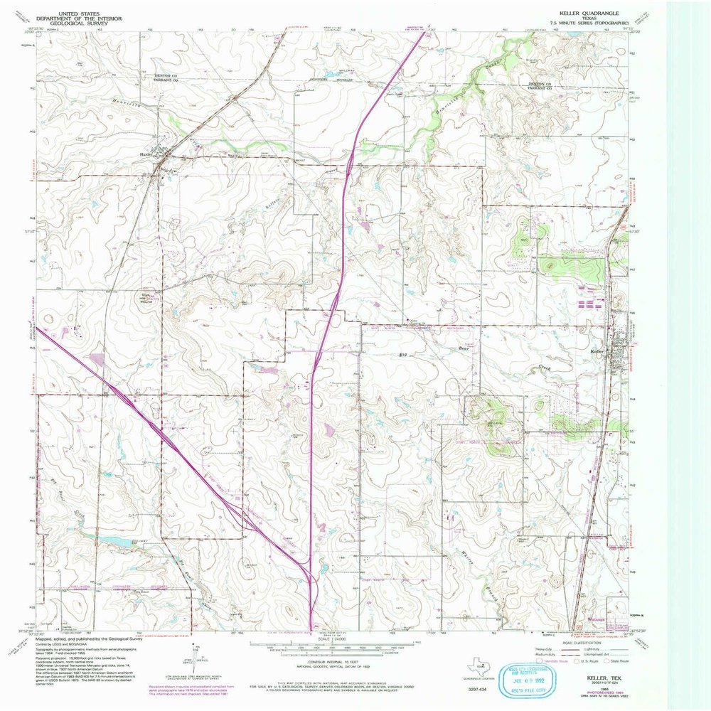 Keller TX topo map, 1:24000 Scale, 7.5 X 7.5 Minute, Historical, 1955, Updated 1992, 27 x 23 in - Tyvek