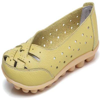 Fangsto Women's Cowhide Leather Shoes Loafers Flats Sandals Slip-On Cutout US Size 6 Celery