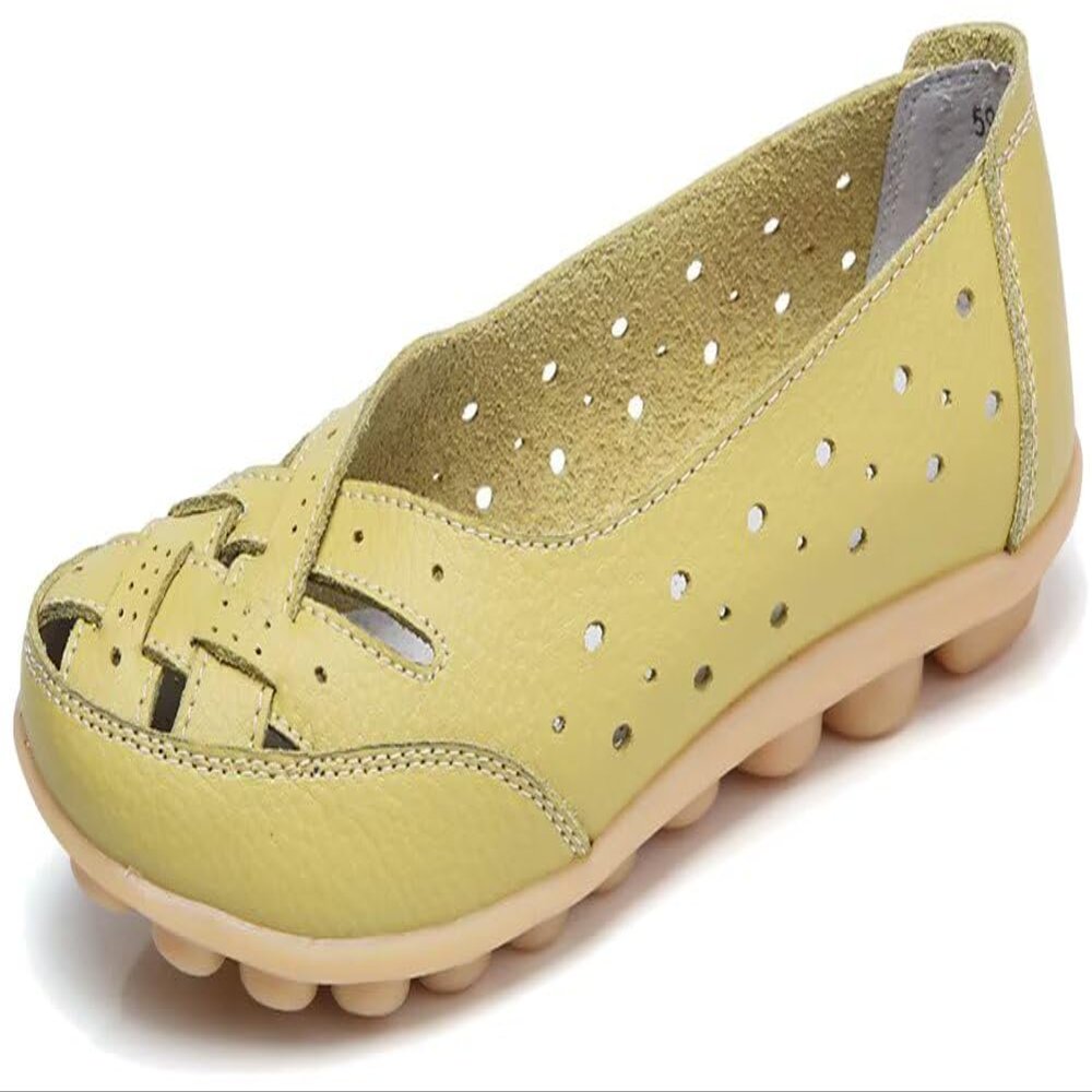 Fangsto Women's Cowhide Leather Shoes Loafers Flats Sandals Slip-On Cutout US Size 6 Celery