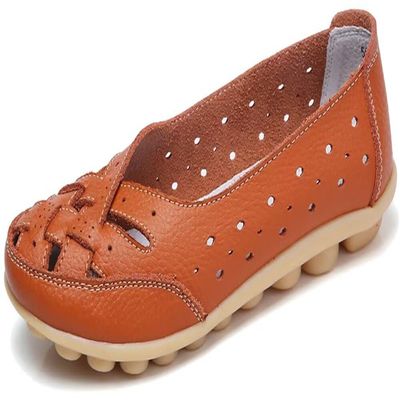 Fangsto Women's Cowhide Leather Shoes Loafers Flats Sandals Slip-On Cutout US Size 7 Orange