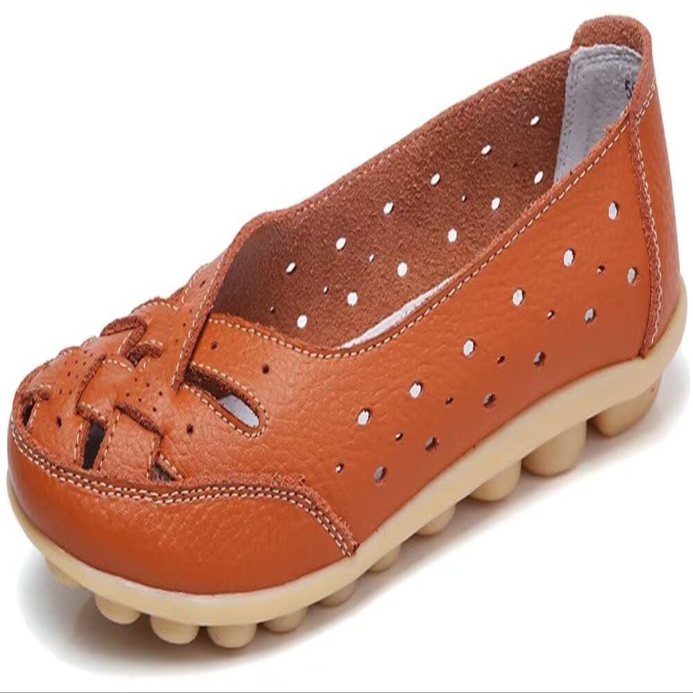 Fangsto Women's Cowhide Leather Shoes Loafers Flats Sandals Slip-On Cutout US Size 7 Orange