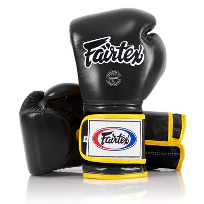 Fairtex Muay Thai Boxing Gloves BGV9 - Heavy Hitter Mexican Style Training & Sparring Gloves for Kick Boxing MMA K1 (Black/Yellow Piping, 10 oz)