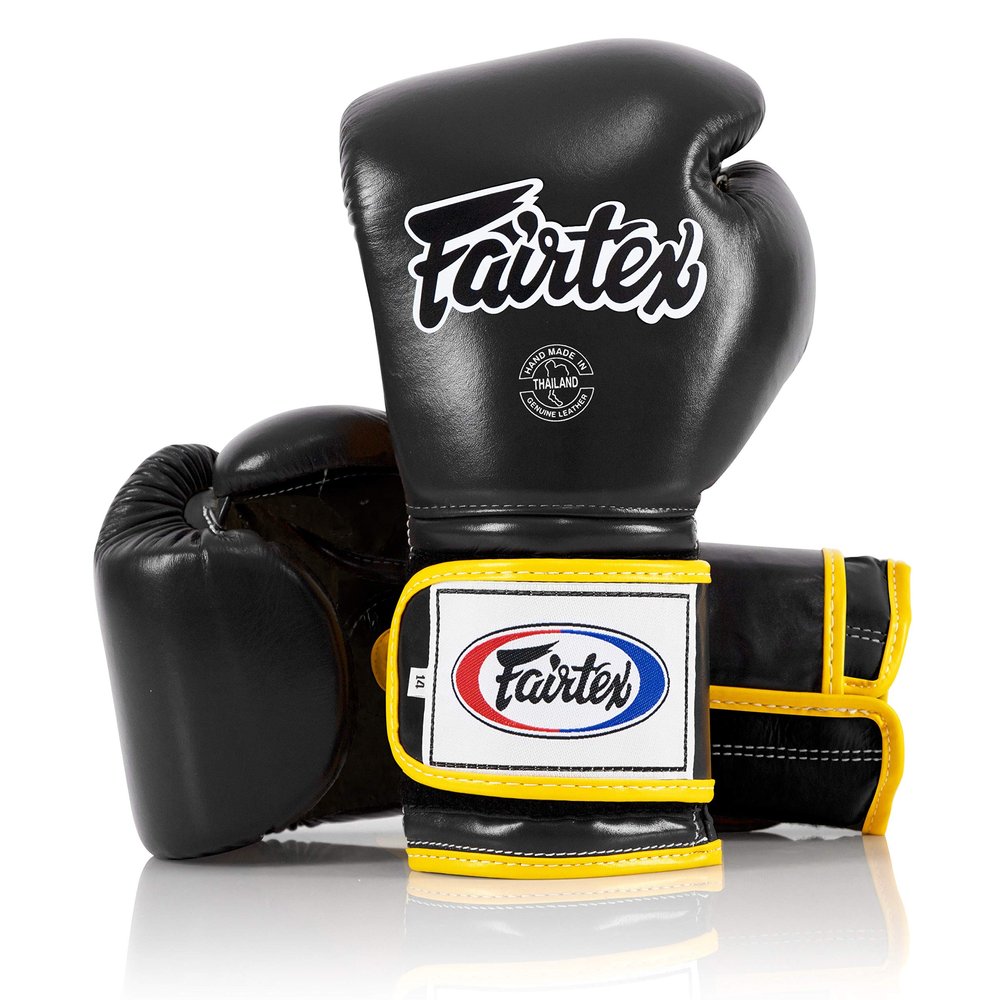 Fairtex Muay Thai Boxing Gloves BGV9 - Heavy Hitter Mexican Style Training & Sparring Gloves for Kick Boxing MMA K1 (Black/Yellow Piping, 10 oz)