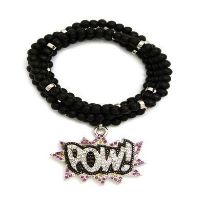 NYFASHION101 Stone Stud POW! Pendant with 6mm 30" Black Wooden Bead and Metal Disc Necklace, Silver-Tone