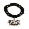 NYFASHION101 Stone Stud POW! Pendant with 6mm 30" Black Wooden Bead and Metal Disc Necklace, Silver-Tone view 1
