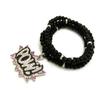 NYFASHION101 Stone Stud POW! Pendant with 6mm 30" Black Wooden Bead and Metal Disc Necklace, Silver-Tone view 3