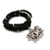 NYFASHION101 Stone Stud POW! Pendant with 6mm 30" Black Wooden Bead and Metal Disc Necklace, Silver-Tone view 4