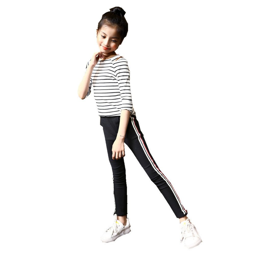 FTSUCQ Girls Pullover Striped Tracksuits Off Shoulder Shirt Black and White
