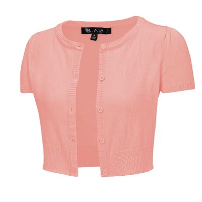 YEMAK Women's Cropped Bolero Cardigan  Short Sleeve Crewneck Basic Classic Casual Button Down Knit Soft Sweater Knitted Top CB0536-PBG-M