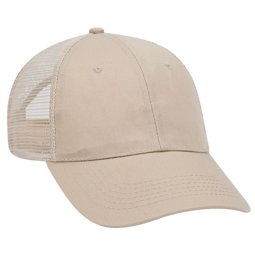 OTTO Promo Cotton Blend Twill 6 Panel Low Profile Mesh Back Trucker Hat - Khaki