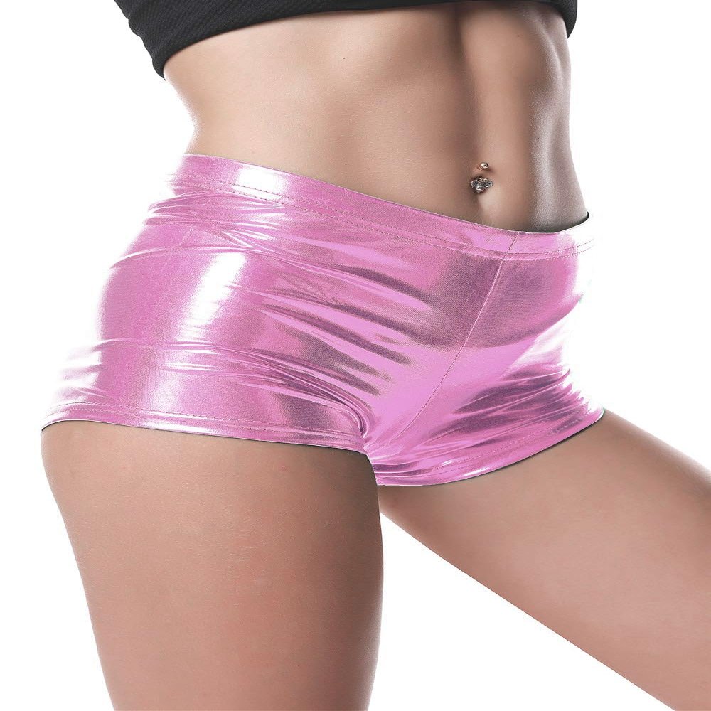 Womens Metallic Rave Booty Shorts Faux Leather Shorts Shiny Hot Pants Bottoms for Dance Festival (Small, Baby Pink)