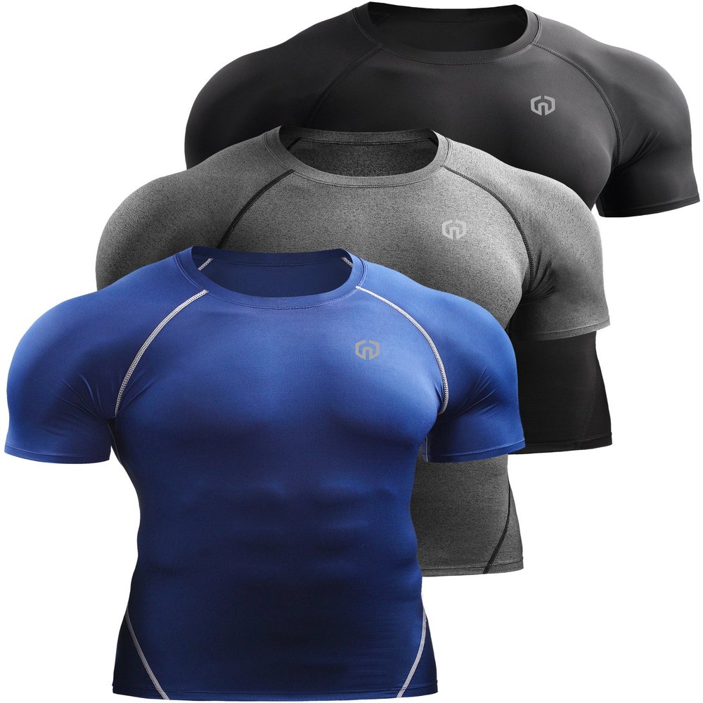 NELEUS Men's 3 Pack Compression Baselayer Athletic Workout T Shirts,5022,Black,Grey,Blue,US 2XL,EU 3XL
