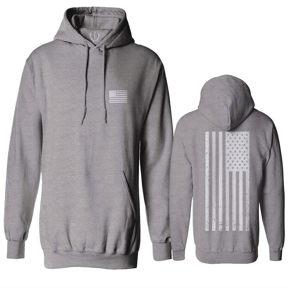 0092. White Vintage American Flag United States America USA us Military Patriotic Sweatshirt Pullover Hoodie (Light Gray, Large)