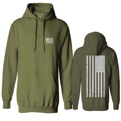 0092. White Vintage American Flag United States America USA us Military Patriotic Sweatshirt Pullover Hoodie (Olive, X-Large)