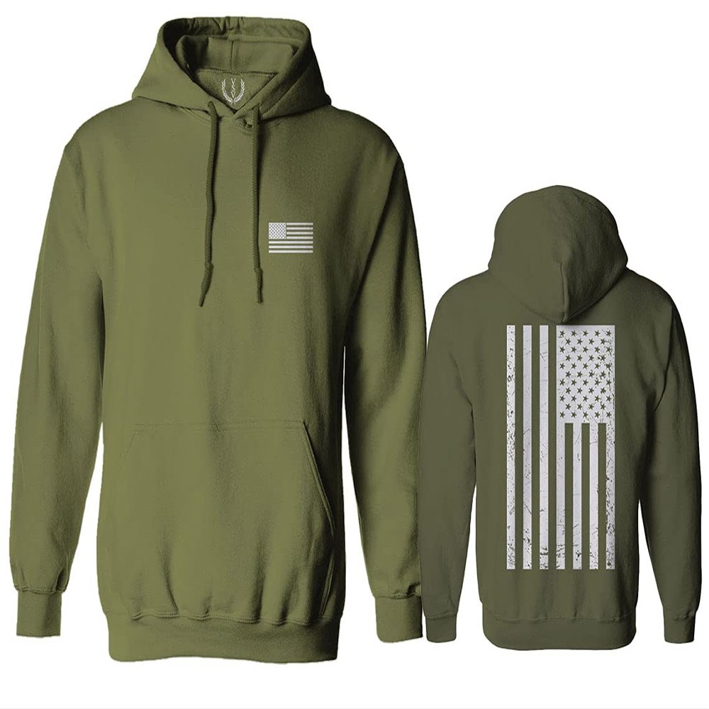 0092. White Vintage American Flag United States America USA us Military Patriotic Sweatshirt Pullover Hoodie (Olive, X-Large)