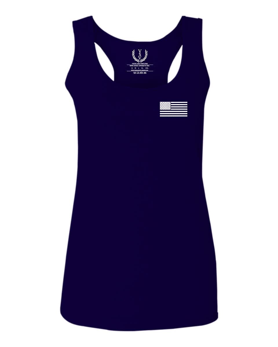0092. White Vintage American Flag United States America USA us Military Patriotic Women's Tank Top Racerback (Navy Blue, Large)