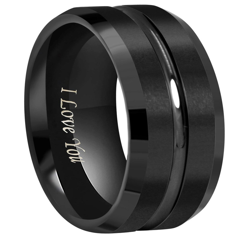 CROWNAL 4mm 6mm 8mm Black Tungsten Wedding Band Ring Men Women Beveled edges Polished Grooved Center Engraved I Love You Size 3.5 To 17 (8mm,13)