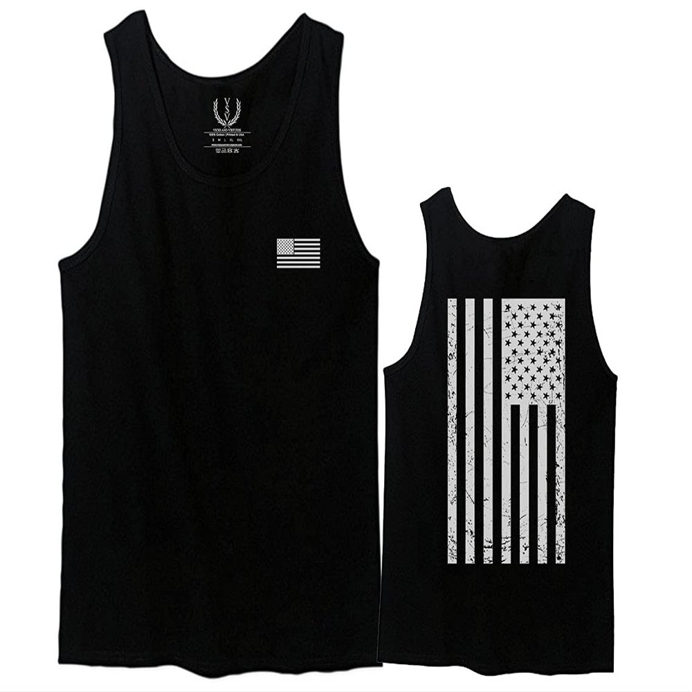 0092. White Vintage American Flag United States America USA us Military Patriotic Men's Tank Top (Black, Small)