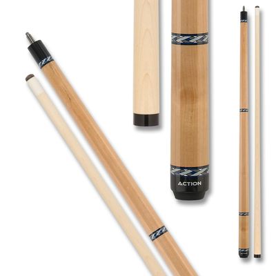Action VAL34 Value Series Pool Cue - 58" Cue - Hard Maple Shaft with 13mm Boar Skin Tip - Natural Maple with Blue, Grey, Dark Grey and Blue Weaved Rings, 21oz