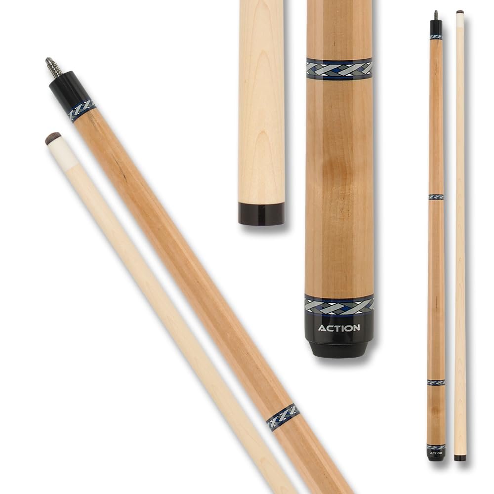 Action VAL34 Value Series Pool Cue - 58" Cue - Hard Maple Shaft with 13mm Boar Skin Tip - Natural Maple with Blue, Grey, Dark Grey and Blue Weaved Rings, 21oz