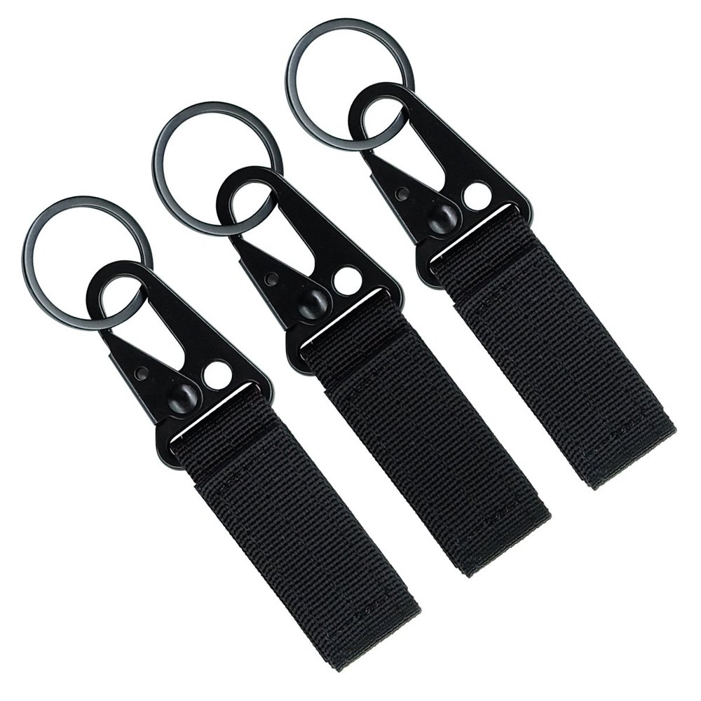 FAIRWIN Tactical Gear Clip, Nylon Key Ring Holder or Tactical Belt Keepers Military Utility Hanger Carabiner Tactical Molle Hook, Black, Tan, Green(Black,4.2 inch L and 1 inch W)
