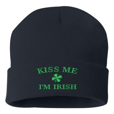 One Size Navy Cuffed Kiss Me I'm Irish Embroidered Cuffed Knit Beanie Cap