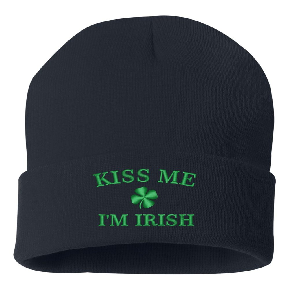 One Size Navy Cuffed Kiss Me I'm Irish Embroidered Cuffed Knit Beanie Cap