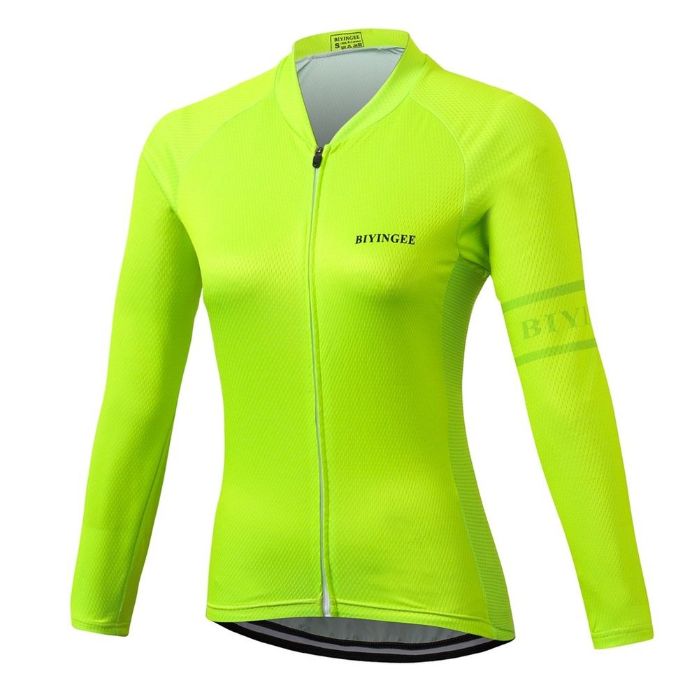 BIYINGEE Women's Cycling Jersey Long Sleeve with Reflective Stripe Fluorescence Green Size XL(CN)