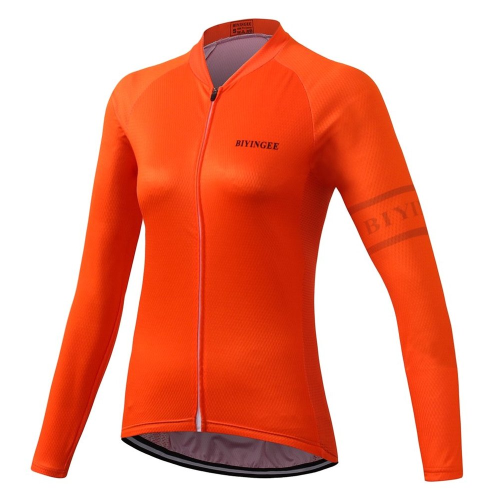 BIYINGEE Women's Cycling Jersey Long Sleeve with Reflective Stripe Fluorescence Orange Size XL(CN)