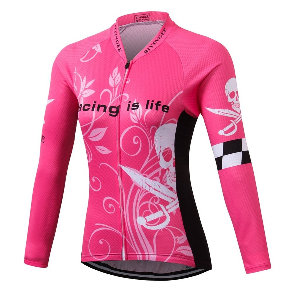BIYINGEE Women's Cycling Jersey Long Sleeve with Reflective Stripe Skull Pink Size XXL(CN)