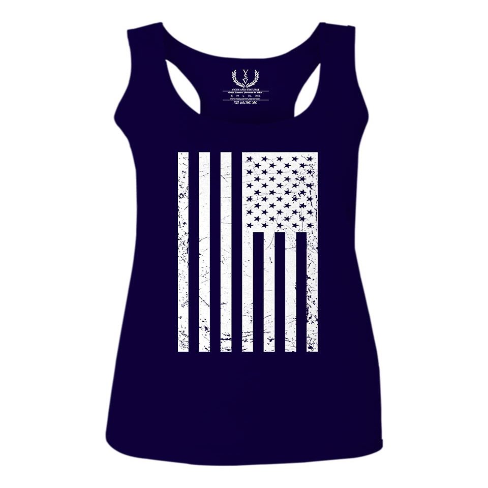 0093. Vintage White American Flag United States America USA Military Patriotic Style Women's Tank Top Racerback (Navy Blue, Large)