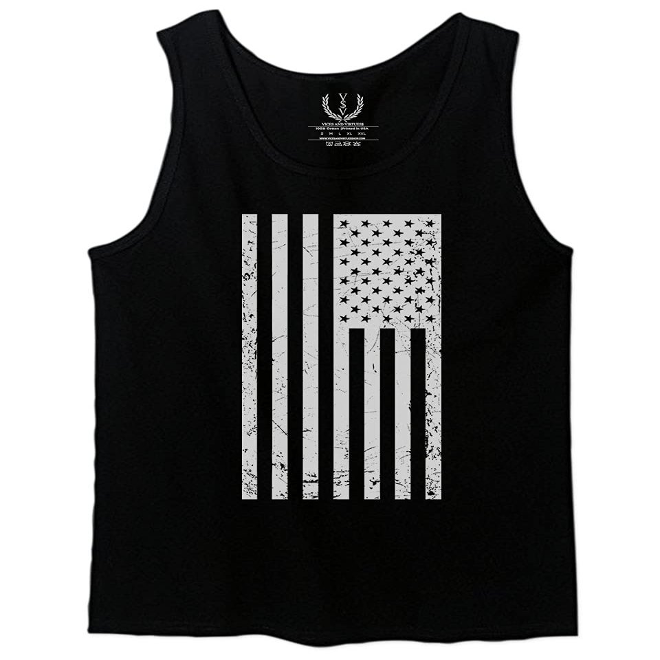 0093. Vintage White American Flag United States America USA Military Patriotic Style Men's Tank Top (Black, Small)