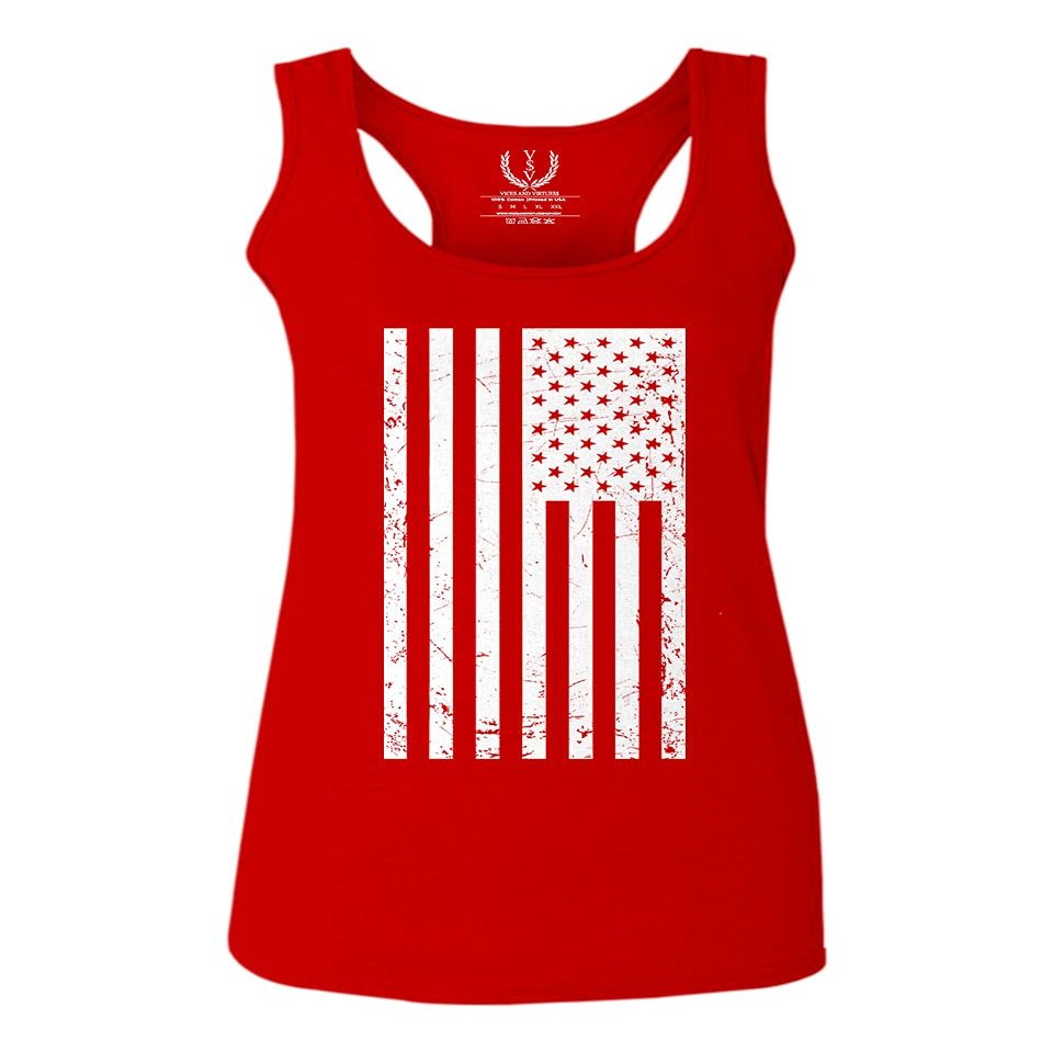 0093. Vintage White American Flag United States America USA Military Patriotic Style Women's Tank Top Racerback (Red, Small)