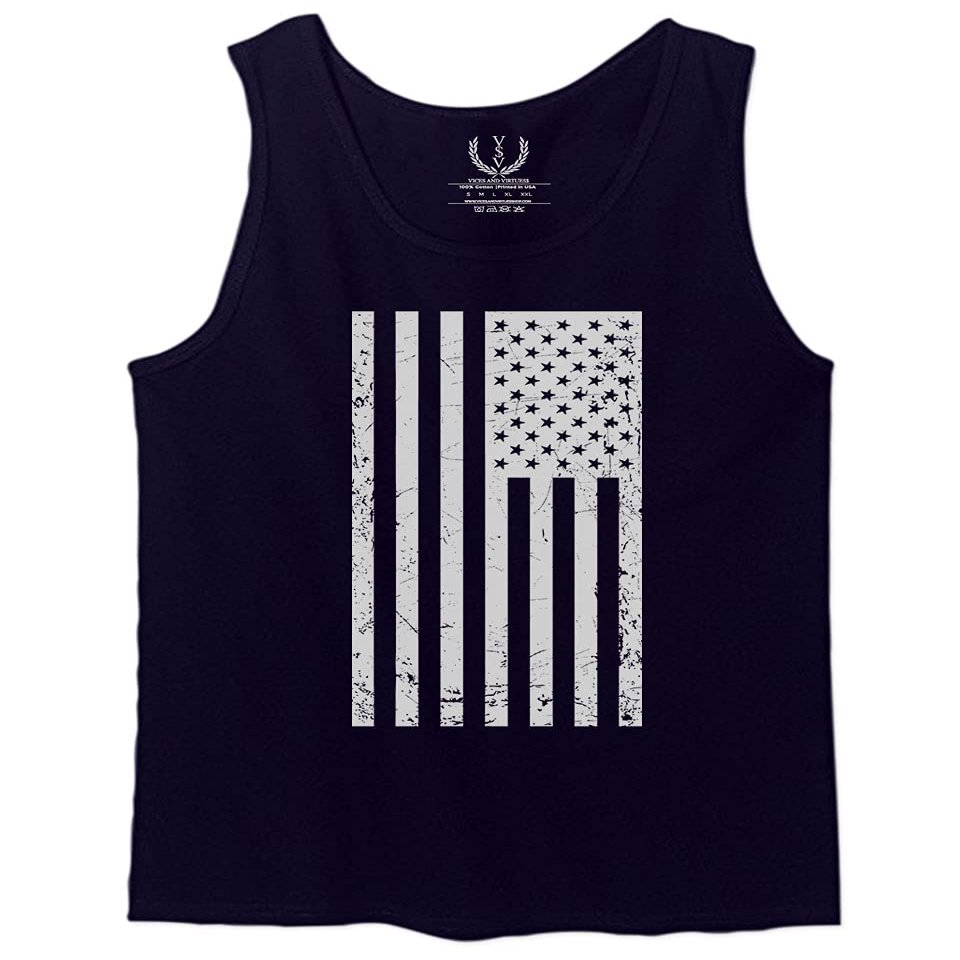 0093. Vintage White American Flag United States America USA Military Patriotic Style Men's Tank Top (Navy Blue, Large)