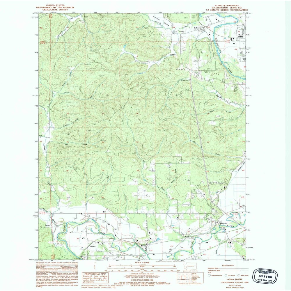 YellowMaps Adna WA topo map, 1:24000 Scale, 7.5 X 7.5 Minute, Historical, 1986, Updated 1994, 27 x 22.1 in - Tyvek