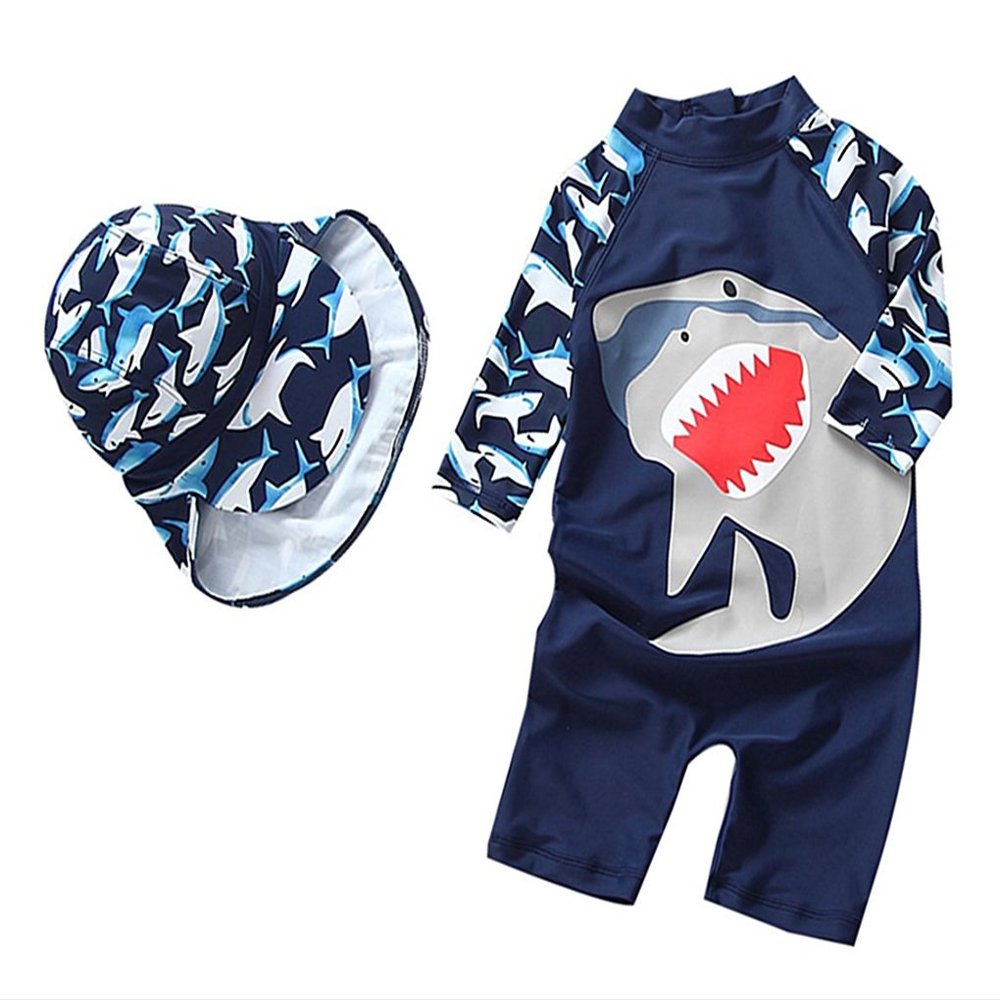Baby Boys Kids Long Sleeve UV Sun Protection Rash Guards Swimsuit with Hat Navy, 2-3T